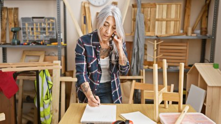 Foto de Hermosa mujer carpintera de mediana edad de pelo gris absorta en el dibujo, hablando en el teléfono inteligente en medio del taller de carpintería interior - Imagen libre de derechos