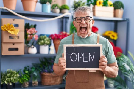 Photo for Hispanic man with grey hair working at florist holding open sign angry and mad screaming frustrated and furious, shouting with anger. rage and aggressive concept. - Royalty Free Image