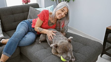 Photo for Middle age grey-haired woman with dog smiling confident lying on sofa playing at home - Royalty Free Image