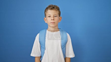 Photo for Adorable little blond boy student, with a serious face, standing and studying, isolated against a blue background - Royalty Free Image