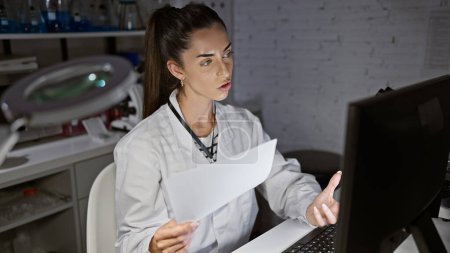 Photo for Beautiful young hispanic woman, a serious scientist in the lab, immersed in science research on her computer, reading document amidst night's quiet solitude - Royalty Free Image