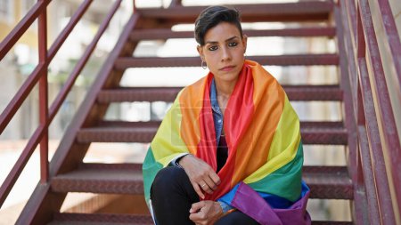 Foto de Mujer hispana hermosa joven sentada con expresión seria con bandera de arco iris en la calle - Imagen libre de derechos