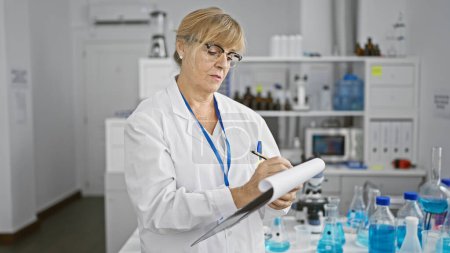 Photo for In the pulsing heart of science - beautiful mature blonde scientist engrossed in taking critical notes at lab table, amidst tubes and microscope, her serious face radiating determination. - Royalty Free Image