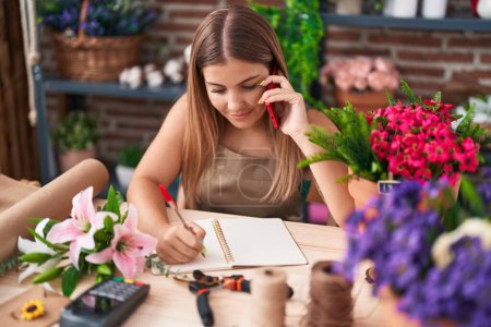 Foto de Joven hermosa florista hispana hablando en la escritura de teléfonos inteligentes en el cuaderno de floristería - Imagen libre de derechos