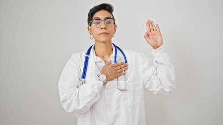 Téléchargez les photos : Jeune belle femme hispanique médecin faire un serment avec la main sur la poitrine sur fond blanc isolé - en image libre de droit