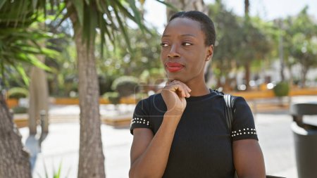 Téléchargez les photos : Femme afro-américaine cool et séduisante debout avec une expression douteuse dans une rue ensoleillée de la ville, délibérant sur une idée d'une manière détendue et urbaine style de vie - en image libre de droit