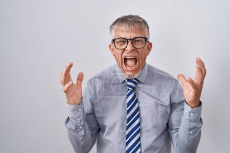 Photo for Hispanic business man with grey hair wearing glasses crazy and mad shouting and yelling with aggressive expression and arms raised. frustration concept. - Royalty Free Image