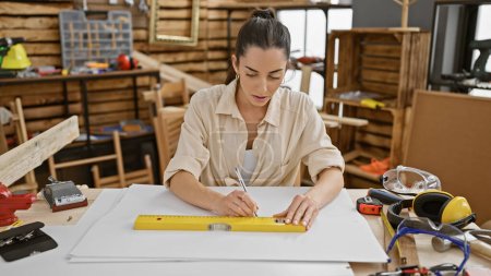Photo for Beautiful young hispanic woman scientist doubting in carpentry - a portrait of relaxed concentration, glasses reflecting workshop lighting as she ventures into woodwork research after dark - Royalty Free Image