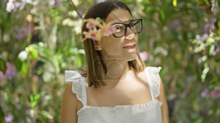 Photo for Happy hispanic woman in glasses, an immersive exploration of futuristic plant exhibition at a colourful, modern museum - Royalty Free Image