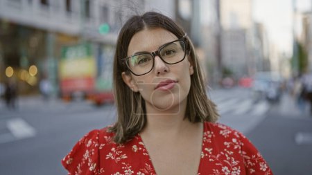 Foto de Mujer hispana confiada en gafas ofrece una mirada seria, de pie en la vibrante calle de la ciudad de Tokyo, retrato contra la arquitectura urbana. - Imagen libre de derechos