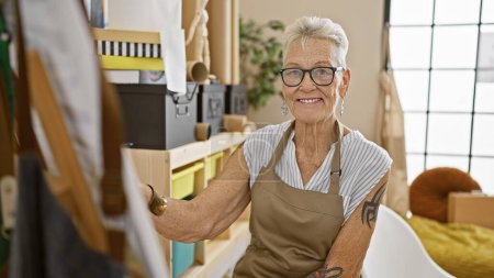 Téléchargez les photos : Femme âgée aux cheveux gris confiante, dans un studio d'art amusant, souriante alors qu'elle dessine avec joie, cultivant son passe-temps à l'intérieur, entourée de pinceaux et de toile. - en image libre de droit