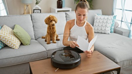 Téléchargez les photos : Jeune femme caucasienne avec des instructions de lecture de chien commençant aspirateur nettoyeur à la maison - en image libre de droit