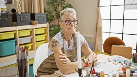 Téléchargez les photos : Scène intrigante à l'école d'art, vieille femme aux cheveux gris artiste pensivement assis à une table, doutant de son prochain coup de pinceau en classe d'art - en image libre de droit