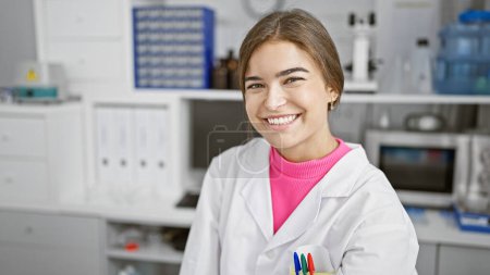 Photo for Radiant young hispanic woman, a confident scientist, joyfully smiling amidst her laboratory work, a beautiful expression of confidence in scientific research - Royalty Free Image