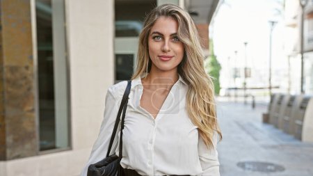 Photo for Radiant young blonde woman, exuding confidence with a sparkling smile, stands outdoors on a sunny city street, enjoying the urban ambiance and spreading positive vibes. - Royalty Free Image