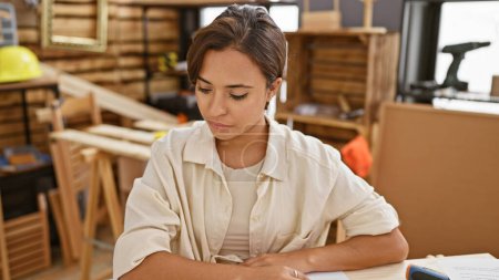 Pensativo joven hermosa mujer hispana carpintero sentado en la mesa de carpintería, totalmente inmerso en el mundo de la carpintería