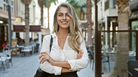 Téléchargez les photos : Expression ensoleillée de joie, jeune femme blonde confiante debout avec un sourire joyeux et les bras croisés pose détendue sur la terrasse d'un café urbain - en image libre de droit