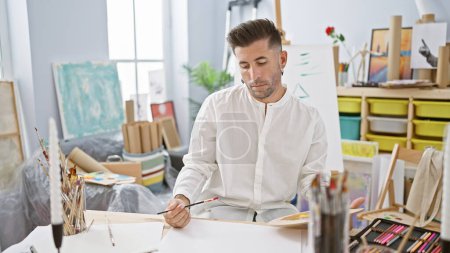 Photo for Young, handsome hispanic man ardently drawing on paper, deeply engrossed and concentrated in his art at a buzzing studio - Royalty Free Image