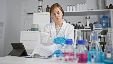 Photo for Serious young blonde scientist in the chemistry lab fiercely dedicated to her research, diligently taking notes on her clipboard amidst microscopes and test tubes - Royalty Free Image