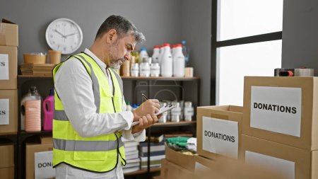 Photo for Dedicated young hispanic male with a handsome grey-haired beard, volunteering at a charity center, earnestly checking off donations on the checklist amid a buzzing warehouse. - Royalty Free Image