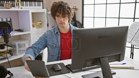 Photo for A curly-haired man engages with technology in a modern music production studio, indicating creative process and focus. - Royalty Free Image