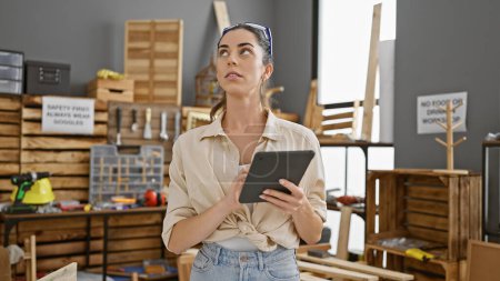 Photo for Attractive young hispanic woman carpenter looking around her carpentry workplace, skillfully using a touchpad amidst the timber and woodwork, bringing together beauty and industry - Royalty Free Image