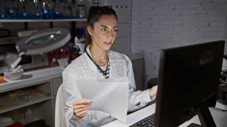 Foto de Hermosa joven hispana, una científica seria en el laboratorio, inmersa en la investigación científica en su computadora, leyendo documentos en medio de la tranquila soledad de la noche - Imagen libre de derechos