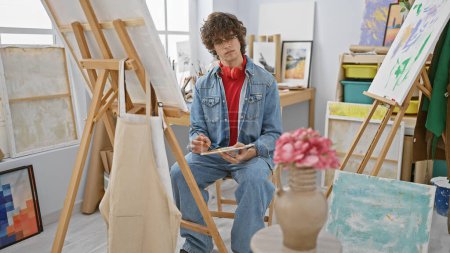 Photo for Curly-haired man sketches in a well-lit art studio filled with easels, canvases, and vibrant paintings. - Royalty Free Image