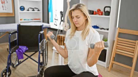 Photo for Blonde woman exercising with dumbbells in a rehabilitation clinic room near a wheelchair. - Royalty Free Image