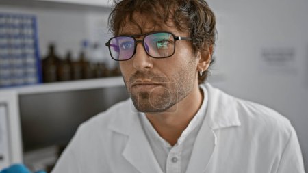 Photo for Hispanic scientist with beard and glasses analyzes samples in an indoor laboratory setting. - Royalty Free Image