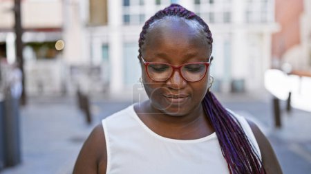 Photo for Relaxed, overweight african american woman with braids, sporting cool glasses, seriously looking down an urban city street, while standing casually outdoors under the sunny sky. - Royalty Free Image