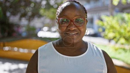 Téléchargez les photos : Joyeux, confiant femme afro-américaine debout et souriant à l'extérieur dans le parc de la ville - en image libre de droit