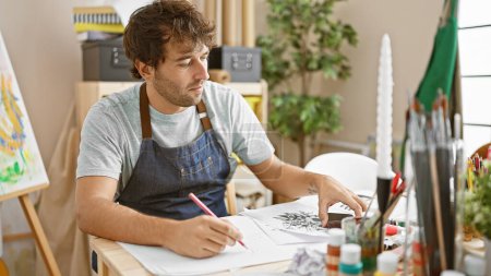 Téléchargez les photos : Young man artist drawing on notebook at art studio - en image libre de droit
