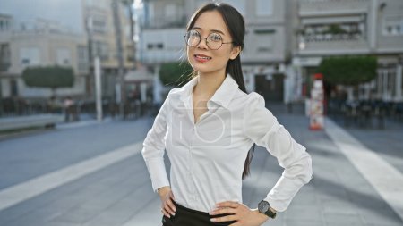 Téléchargez les photos : Confiant jeune femme asiatique en tenue d'affaires posant sur une rue dynamique de la ville - en image libre de droit