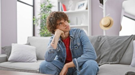 Téléchargez les photos : Jeune homme pensif aux cheveux bouclés, portant du denim, assis sur un canapé dans un salon moderne. - en image libre de droit