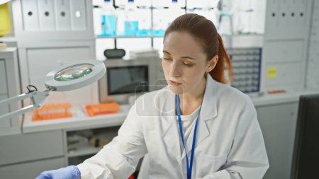 Photo for Caucasian woman scientist analyzing samples in a laboratory setting, depicting research, medicine and healthcare. - Royalty Free Image