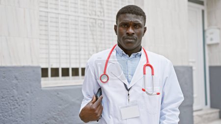 Foto de Hombre africano en traje de profesional de la salud con estetoscopio se encuentra con confianza fuera de una institución médica. - Imagen libre de derechos