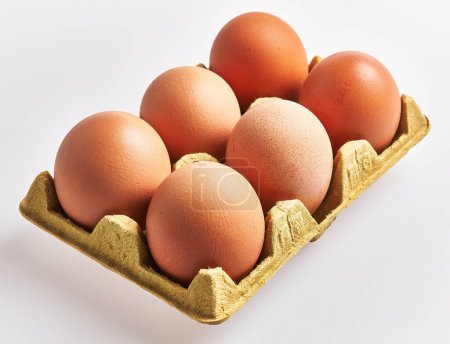 Téléchargez les photos : Six œufs bio marron dans un plateau en carton sur fond blanc, symbolisant des produits frais et une alimentation saine. - en image libre de droit