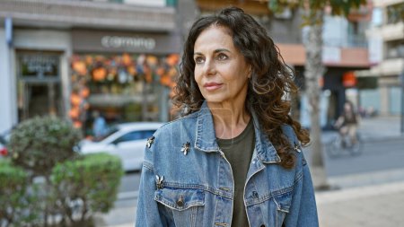 Photo for Mature hispanic woman with curly hair wearing a denim jacket strolls on a city street - Royalty Free Image