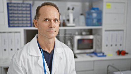 Foto de Hombre serio de mediana edad, un científico meticuloso, sentado inmerso en su trabajo, experimentando con tubos de ensayo en un entorno de laboratorio bullicioso - Imagen libre de derechos