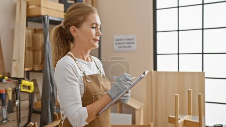 Photo for Mature caucasian woman taking notes in a carpentry workshop setting, wearing work gloves and an apron. - Royalty Free Image
