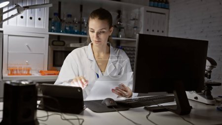 Téléchargez les photos : Femme scientifique caucasienne analysant un document dans un cadre de laboratoire moderne, entourée d'équipements scientifiques. - en image libre de droit