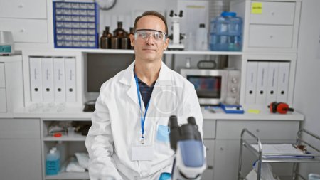 Photo for At the heart of science, a confident, smiling middle age man - our very own scientist, standing with happiness in his medical laboratory, engrossed in chemistry research. - Royalty Free Image