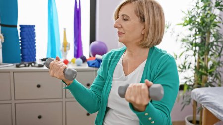 Foto de Mujer rubia madura haciendo ejercicio con pesas en una clínica de fisioterapia en interiores. - Imagen libre de derechos