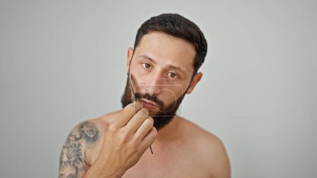 Téléchargez les photos : Jeune homme hispanique peigner barbe debout torse nu sur fond blanc isolé - en image libre de droit