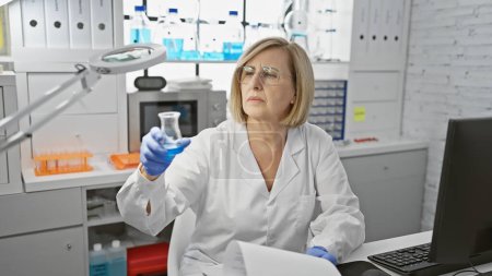 Photo for Mature woman scientist conducting research in a laboratory setting, surrounded by equipment. - Royalty Free Image