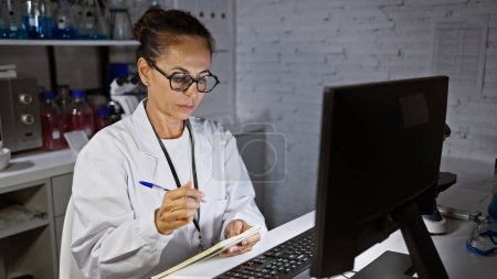 Photo for Mature hispanic woman in lab coat writing notes indoors at laboratory with computer - Royalty Free Image
