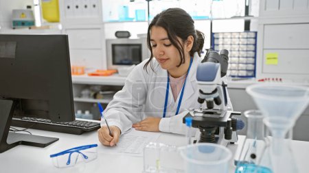 Téléchargez les photos : Une jeune scientifique hispanique écrivant des notes dans un cadre de laboratoire moderne, entourée d'équipements et d'un ordinateur. - en image libre de droit