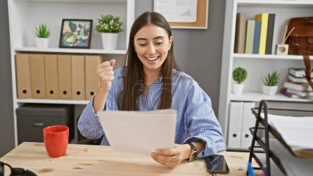 Photo for Hispanic woman excitedly reading document in modern office setting. - Royalty Free Image