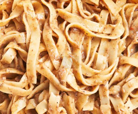 Photo for Close-up of freshly made italian fettuccine pasta with creamy sauce and spices. - Royalty Free Image